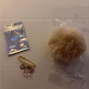Fluffy Tan Pom Pom Keychain with Gold Charm and pink cherrys clip keychain bling